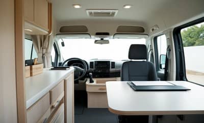 キャンピングカー車内のリビングスペース。テーブルが置いてある