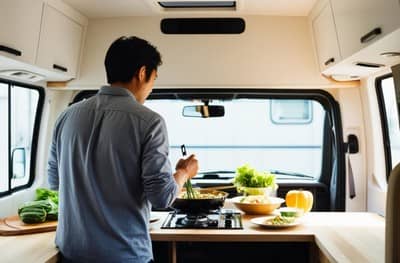 キャンピングカー車内で旦那が料理しているところ