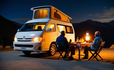 キャンピングカーのそばでランタンを囲み、屋外ディナーを楽しむ二人の後ろ姿（夜景）