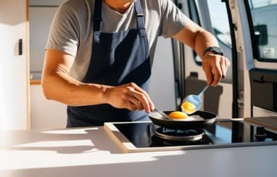 キャンピングカーの車内キッチンで、男性が目玉焼きを調理している様子