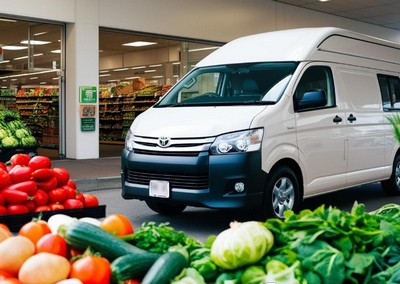 スーパーマーケットの前に停車したキャンピングカーと、手前に並ぶ新鮮な野菜たち