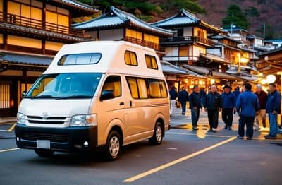 温泉街の通りに停まるキャンピングカー。背景には旅館が立ち並び、観光客が行き交っている夕暮れ時の風景