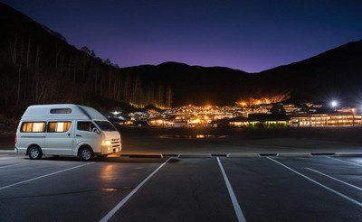 夜の温泉街を望む駐車場に停まるキャンピングカー。山あいに広がる温かな灯りと、静かな車中泊の雰囲気