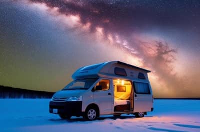 雪原に停車したキャンピングカーと冬の星空|夜の車中泊と天の川の絶景