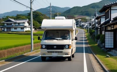 日本の田舎道を走る軽トラタイプのキャンピングカー