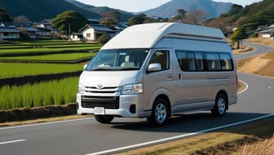 ハイエースベースのバンコンタイプのキャンピングカーが田舎道を走行中