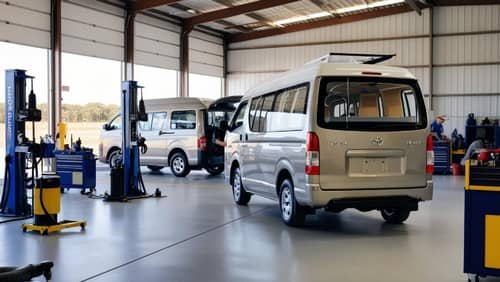 整備工場で点検を受けるハイエース車両の様子