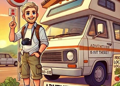 道の駅の前に立つ外国人男性とキャンピングカーのイラスト