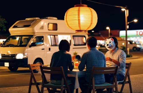 キャンピングカーの前で屋外ディナーを楽しむ人々と提灯のある夜の風景