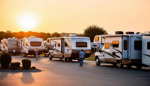 アメリカのRVパークに停車するキャンピングカーと住まう人々の暮らし風景