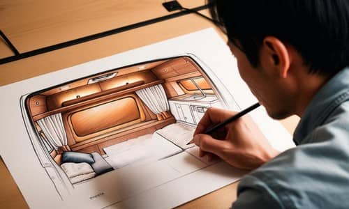 キャンピングカーの内装スケッチを描く男性
