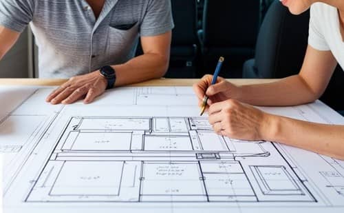 ベッド下収納をDIYするために図面を設計するバンライフ夫婦の計画風景