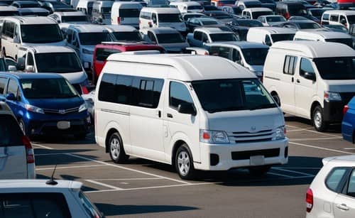 駐車場に停まる白いキャンピングカー