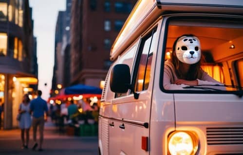 夜の街に停車したキャンピングカーの車内で、一人で過ごす女性の様子