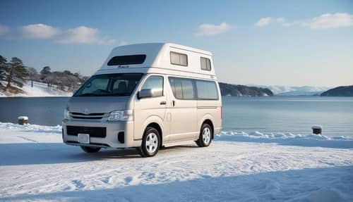 冬の湖畔に停車したキャンピングカーと雪景色