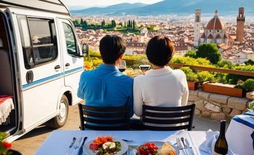 ヨーロッパの街を一望するテラス席で食事を楽しむ夫婦とキャンピングカー