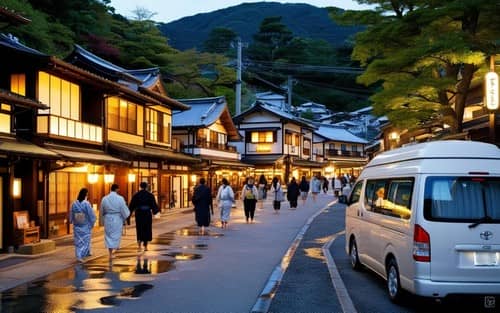 浴衣姿の人々が歩く夕暮れの温泉街と停車中のキャンピングカーの風景