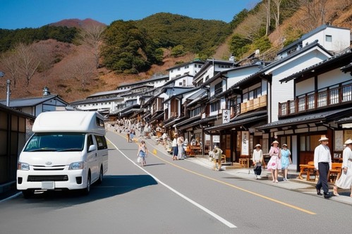 温泉地の狭い街道で駐車場所を探すキャンピングカーと観光客の様子