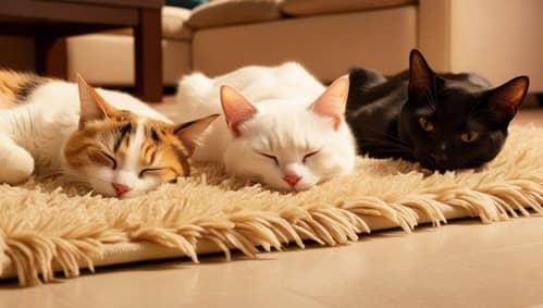 ラグの上で並んで眠る三匹の猫(三毛、白、黒)
