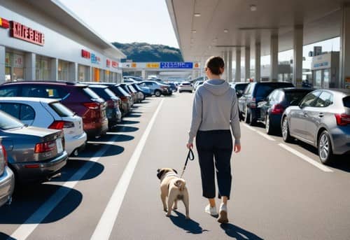 サービスエリアを散歩する女性とパグ犬