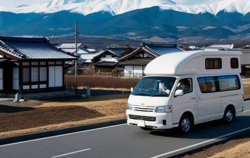 日本の田舎道を走るキャンピングカー。は池の山々には雪が積もっている