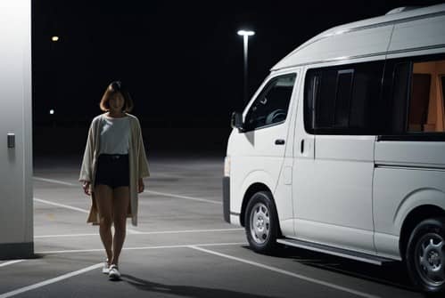 キャンピングカー生活で夜間トイレに向かう女性の姿