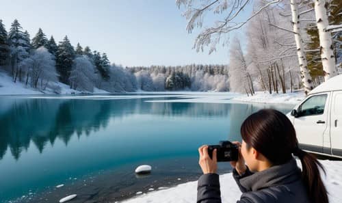 冬の湖を撮影する女性とキャンピングカー、バンライフ中の写真撮影風景