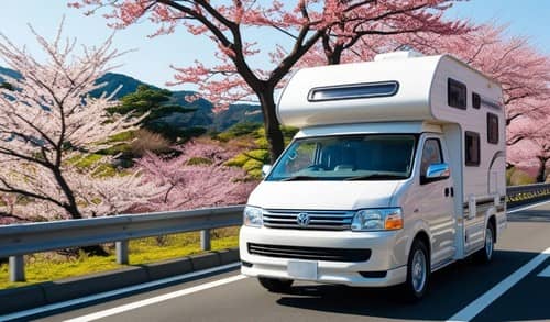 春の桜風景をドライブするキャンピングカーと季節の旅風景