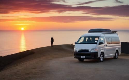 夕日を背景にしたキャンピングカーと地平線を見つめる人