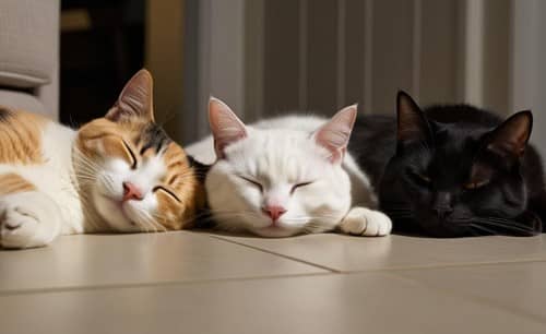 三毛猫、白猫、黒猫が並んで眠る可愛い室内風景