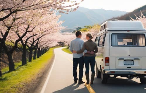 キャンピングカーで旅立つ夫婦の後ろ姿。春の田舎道と桜並木が広がる風景
