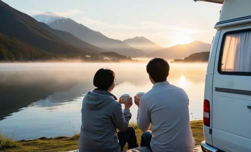 湖畔で朝日を眺めながらコーヒーを楽しむ中年夫婦とキャンピングカーの後ろ姿