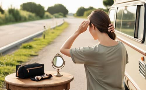 キャンピングカーの横で朝の身だしなみを整える女性の後ろ姿。自然の中での穏やかな朝のひととき。
