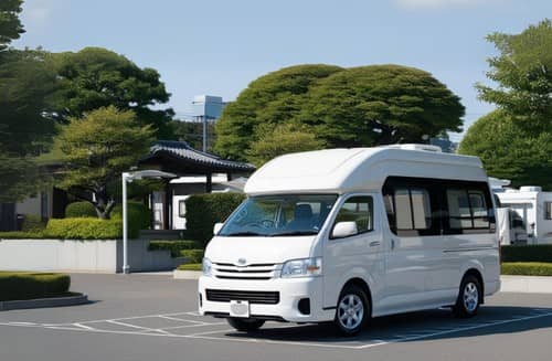 RVパークに駐車されたキャンピングカーの様子