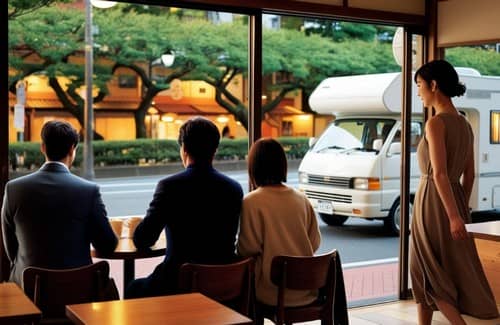 神戸のコロッケ店で向かい合う家族の背中と、歩いてくる女性。窓の外にはキャンピングカーが停車している。