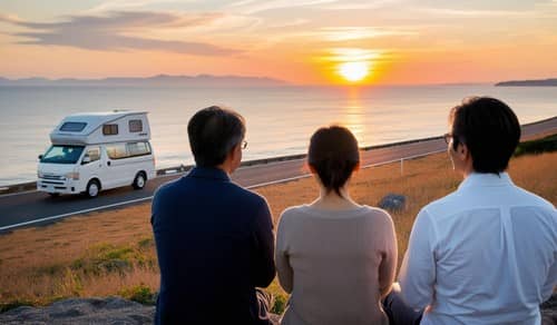 夕日を背景に、家族3人が海辺でキャンピングカーを眺める後ろ姿